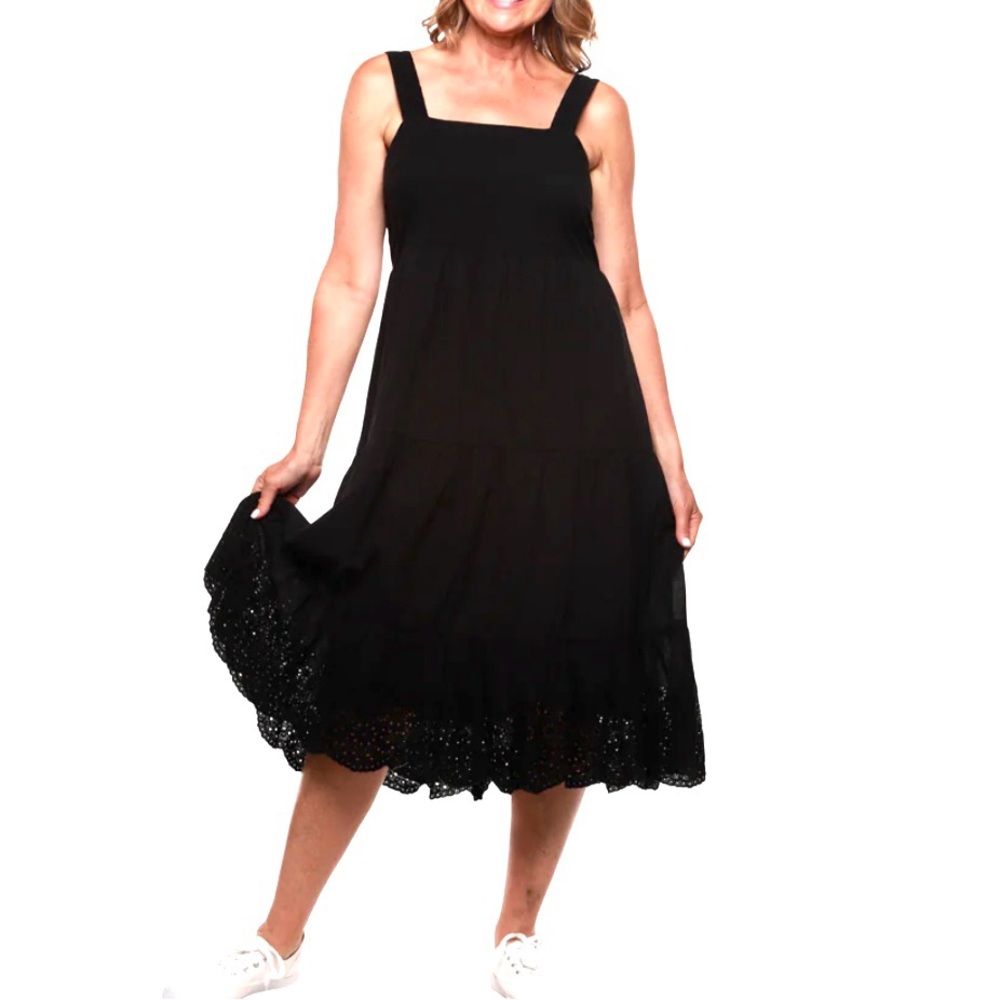 Linda Anderson Black Midi Dress Tiered Ruffle Skirt Eyelet  EUC SZ Med